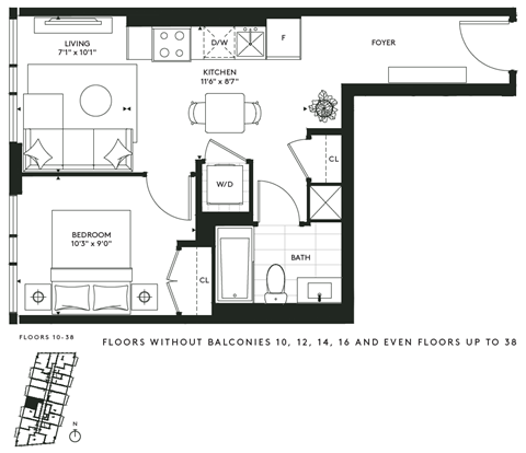 Floor plan for 1 bed, 1 bath, 524 sqft